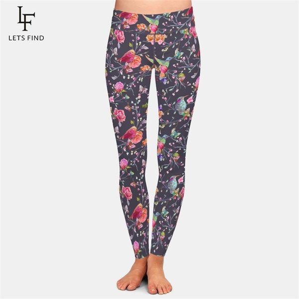 

letsfind birds butterflies and flowers digital printing women high waist leggings high elastic plus size soft fitness pants 210820, Black