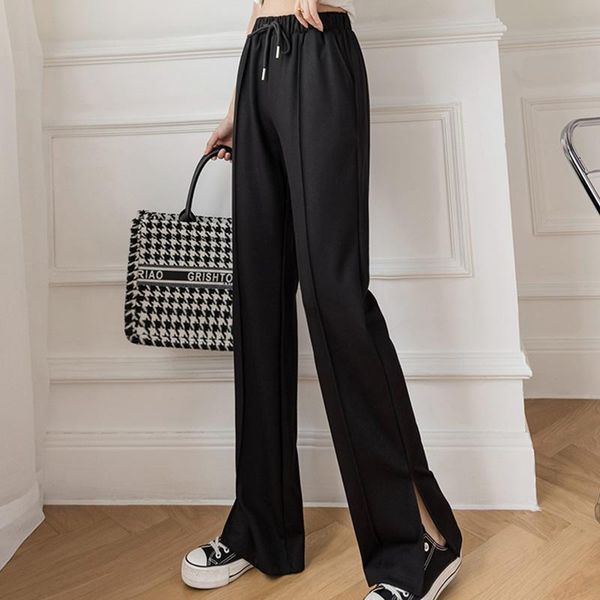 

women's pants & capris trendy casual female solid color elastic waist wide leg women spring loose soft streetwear ladies black long, Black;white