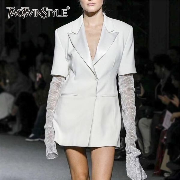

twotwinstyle vintage patchwork diamonds women blazer notched long sleeve tunic hit color casual suit female fashion clothes tide 201106, White;black
