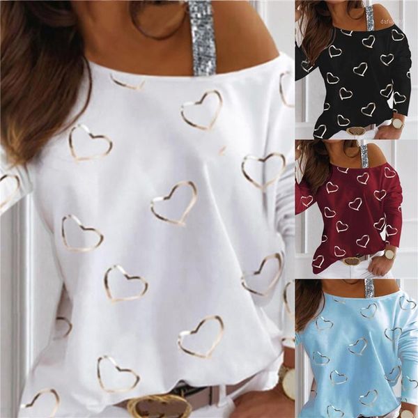 

women long sleeve hollow out t shirt love heart print one shoulder pullover 2021 spring ladies women's t-shirt, White
