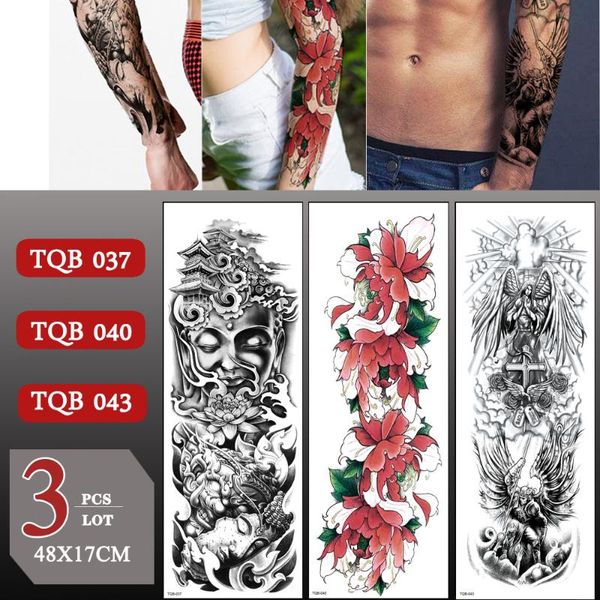 

temporary tattoos 3 pcs/lot full arm waterproof tattoo sticker large sleeve fake for men women colorful flower