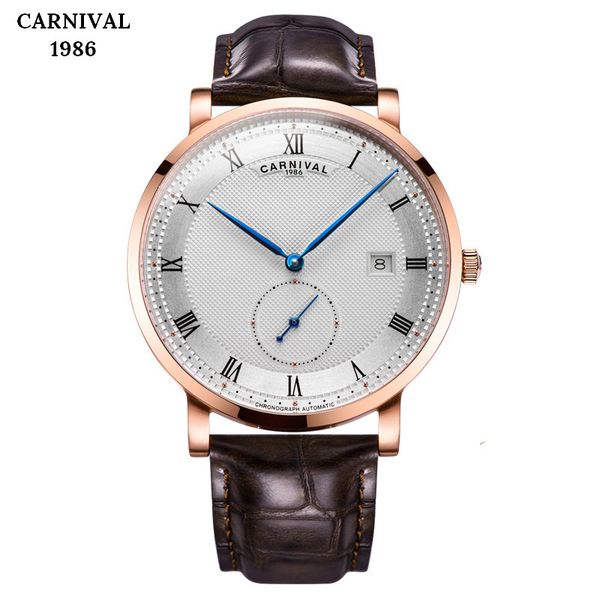 

carnival brand independent small pointer leather watches luxury men automatic mechanical waterproof watch sports military clock, Slivery;brown
