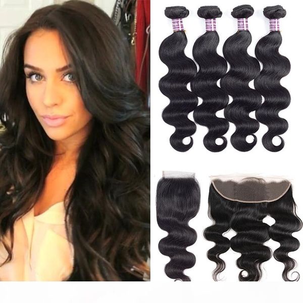 

wholesale brazilian hair straight bundles with lace closure frontal 10a body wave wet and wavy human hair extensions natural color, Black;brown