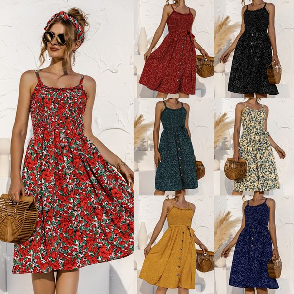 

2021 new sling pleated polka dot button boho women vestido de mujer knee-length party es vestidos woman clothes u8h6, Black;gray