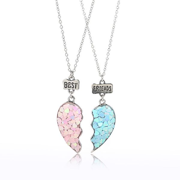 Sequin Chowing Сердце Сломанные друзья Ожерелье Подвеска Сеть BFF Дружба Дружба Подарки для детей 2 шт. / Набор