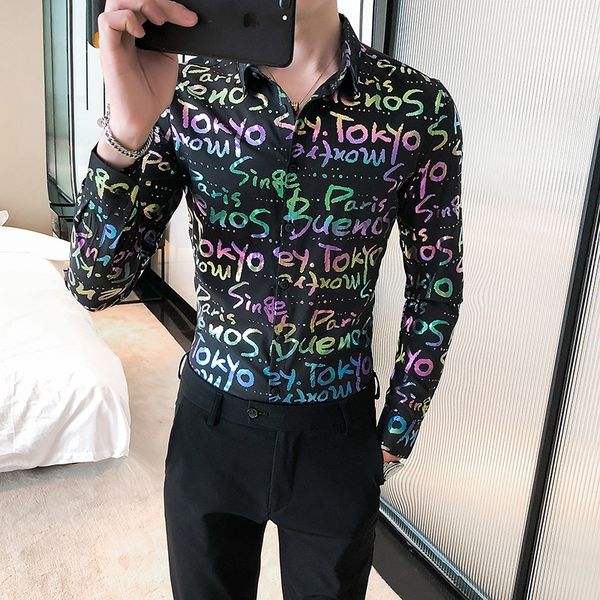 

colored mode printing men's shirt autumn new long sleeve smoking slim fit casual shirts men streetwear clothes 3xl f727, White;black