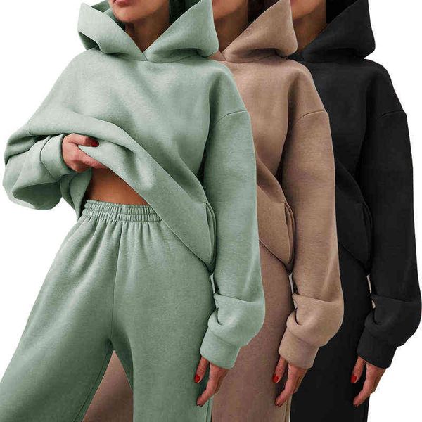 

women's tracksuit suit autumn fashion warm hoodie sweatshirts two pieces oversized solid casual hoody pullovers long pant sets y1118, Black