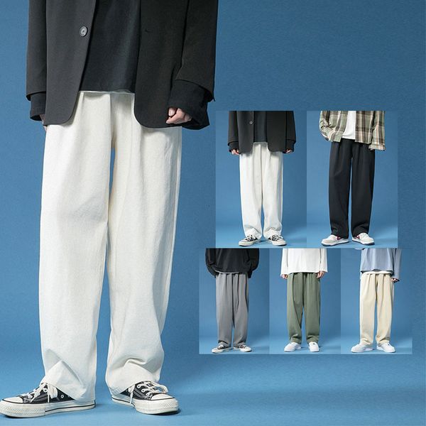 

2021 new spring summer cotton wide-leg men's fashion casual men streetwear korean loose hip-hop straight pants mens trousers 1ngr, Black