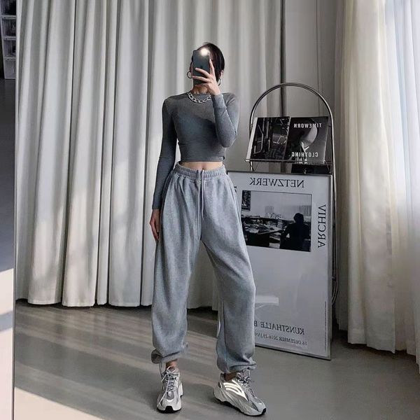 

fashion womens pants autumn winter thick warm sweatpants solid wide leg pants for women high waist loose oversize trousers lady, Black;white