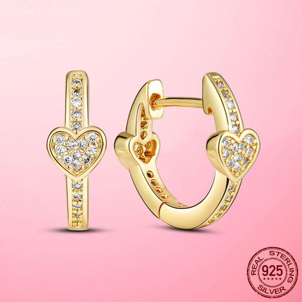 

hoop & huggie 3 colors 925 sterling silver rose gold color sparkling pav heart earrings for women cz zircon fashion jewelry, Golden;silver
