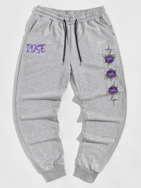 

romwe guys floral letter graphic drawstring sweatpants q3qw#, Black