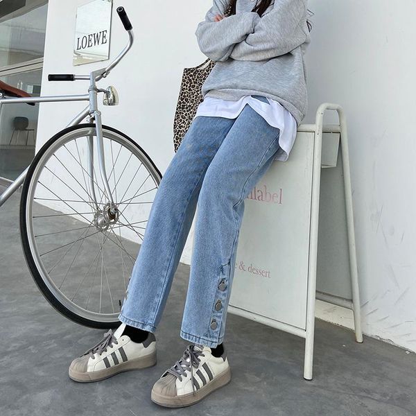 

women's jeans winter style high waist women loose vintage washed straight blue long denim pants streetwear female wide leg button