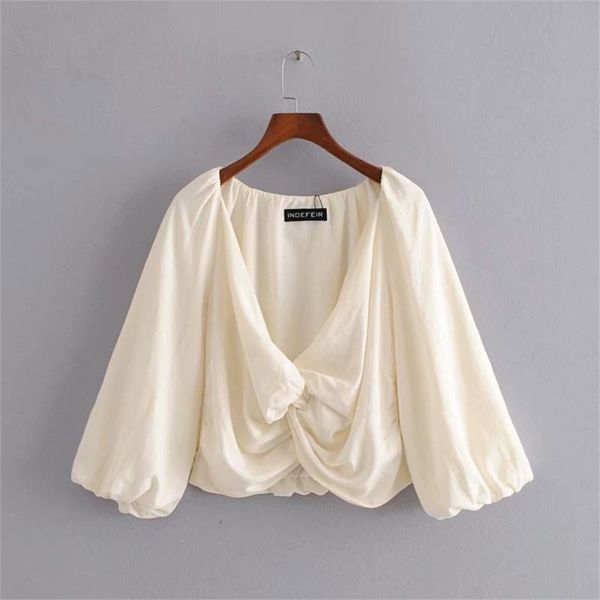 

women's blouses & shirts 2021 summer french retro cross fold fashionable deep v-neck long sleeve knots rustic thin loose shirt, White