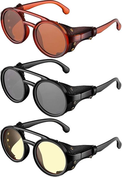 

outdoor eyewear retro round steampunk sunglasses with faux leatherwear for men women