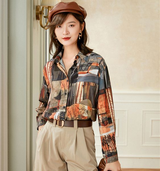 

2021 new vintage aesthetic long sleeve women autumn blouse button up collar shirt print designer clothing mjpv, White