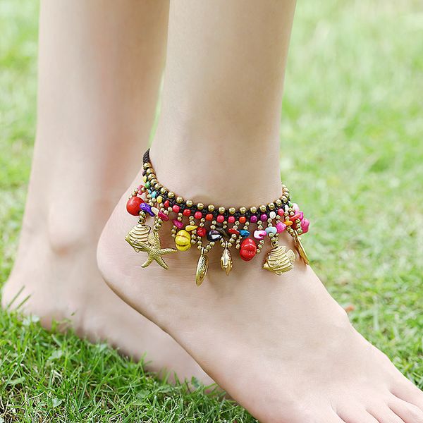 

bohemian fashion exaggerated foot decoration thai wax thread hand woven turquoise pumpkin beach anklet, Red;blue