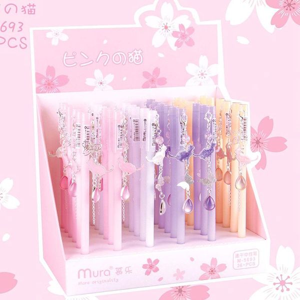 

36 pcs/lot beautiful cherry cat pendant gel pen cute sakura 0.5mm black ink signature pens office school writing supplies gift