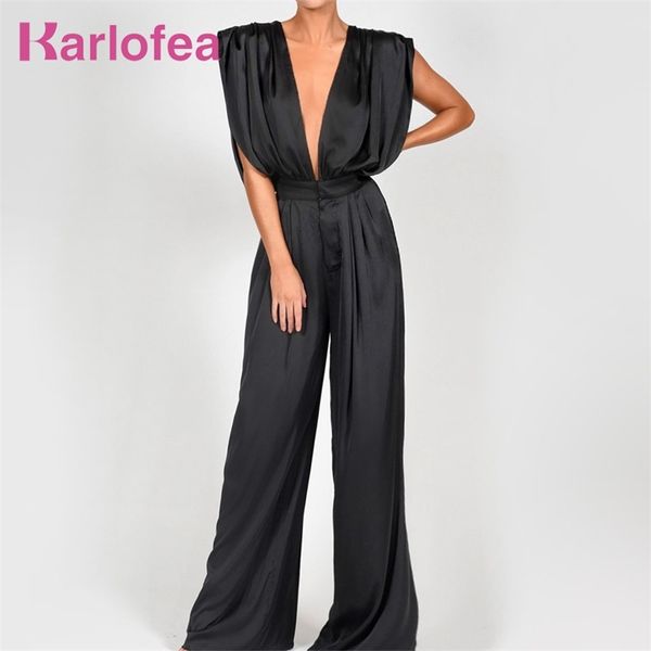 Karlofea Senhora Nova Moda Elegante Longa Jumpsuit Cetim Sexy Club Party Wear Macacão Outfits Pano Chique Largo Pernas Férias Romper 210317