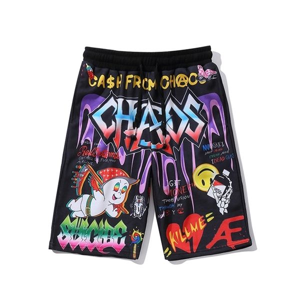 

summer streetwear shorts men cartoon anime printed graffiti pattern hip hop cotton rapper rock japan korean sport suit 210806, White;black