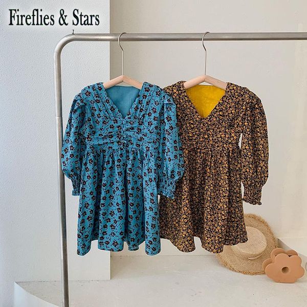 

spring autumn girls dress baby dress kids vestidos children clothes puff sleeve floral print v neck french style 3 to 11 yrs, Red;yellow