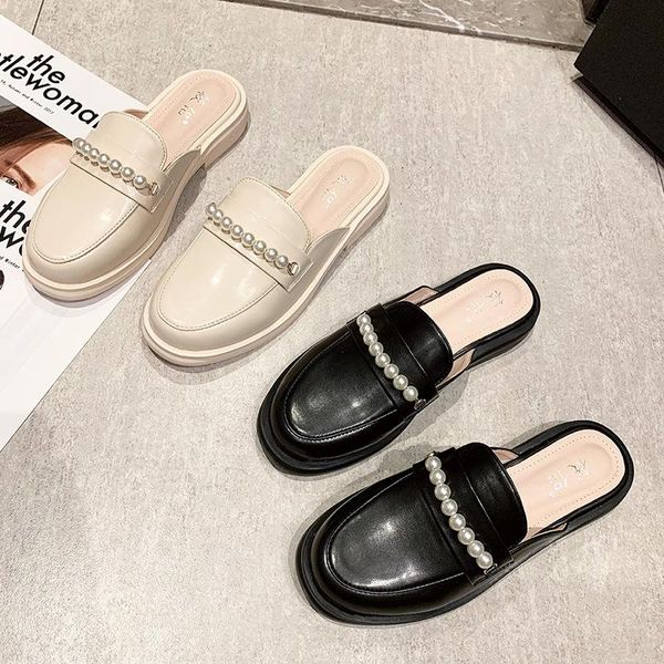 

slippers casual low shoes woman 2021 big size cover toe pantofle loafers luxury summer flat basic pu scandals rome slides, Black