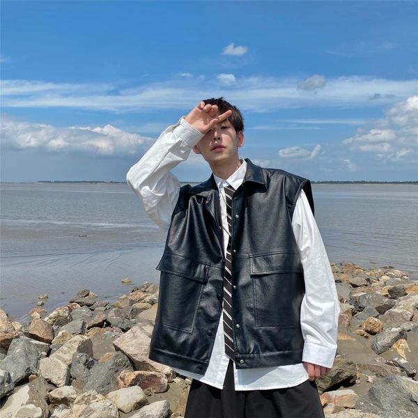 

men's fur & faux 2021 autumn loose baseball black color outerwear pu leather motorcycle bomber jacket suit vest large pocket coats