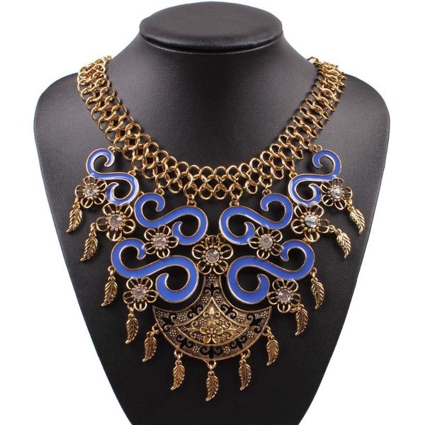 

pendant necklaces alloy metal design fashion brand statement necklace enamel chain crystal vintage leaf chunky for women, Silver