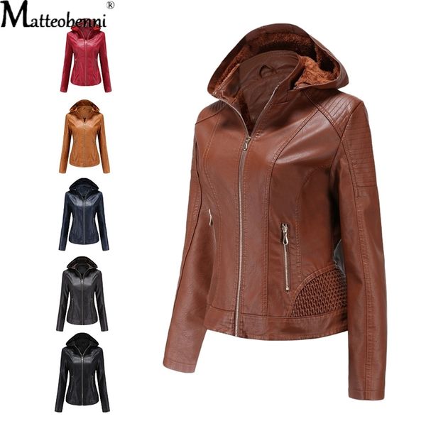 

2021 new women autumn winter fashion faux leather jackets with veet zipper basic hooded coat turn-down collar motor biker warm jacket frg4, Black;brown
