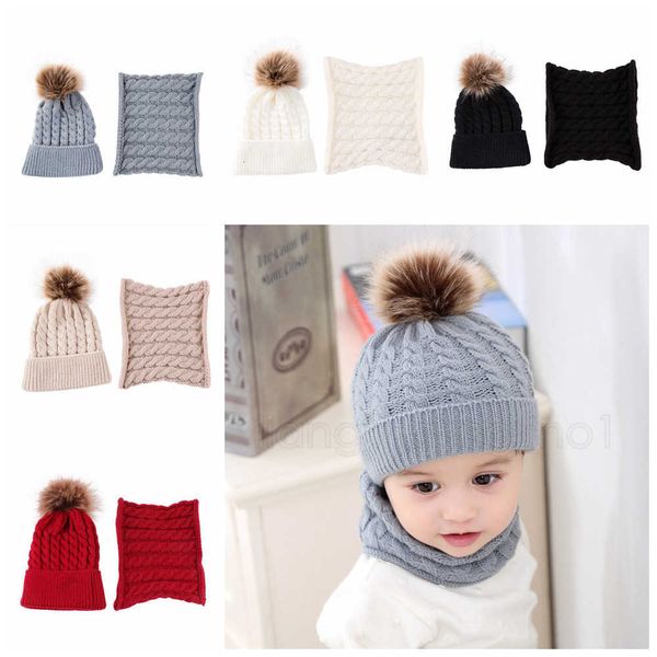 

beanie 5styles winter knitted kids fur ball warm set autumn cap wool solid boy girls children hat scarf collar 2pcs/set, Red;brown