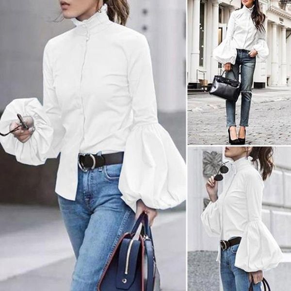 

fashion women blouses 2021 female long lantern sleeve solid and blouses casual blusas plus size womens tunic 2xl, White