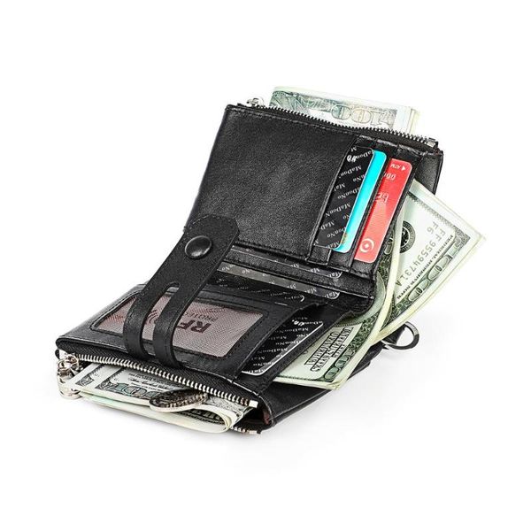 

wallets genuine leather men wallet vintage cowskin coin purse zipper hasp pocket slim short card holder small with chain, Red;black