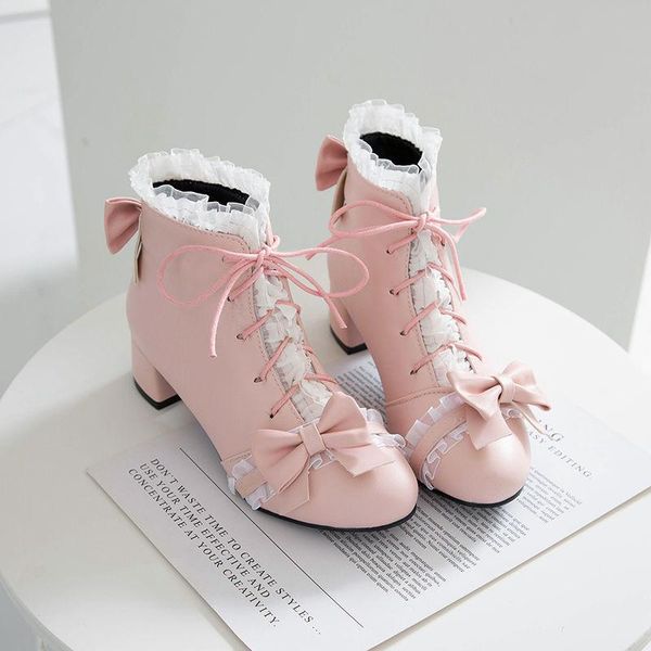 

boots lolita shoes 2021 cute round head bow platform high heels lace size 32-43 princess plus velvet short, Black