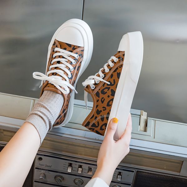 

leopard prints new canvas casual korean sports platform chunky pink women's shoes lace up apartments vr71, Black