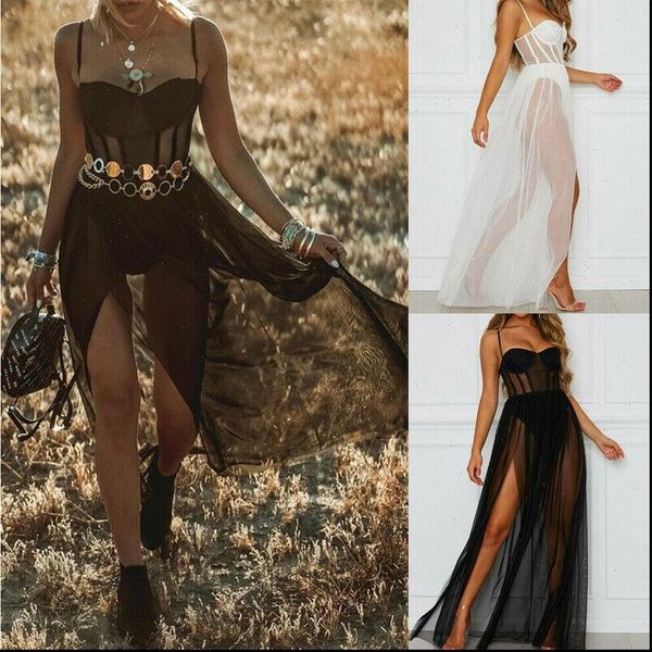 

2021 new women mesh sheer sling long sleeve party club maxi dress sundress summer beach casual bikini cover up, Black;gray
