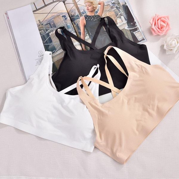 

women ice silk bra seamless push up underwear cross strap sports bra sleep chest padded fitness vest, Red;black