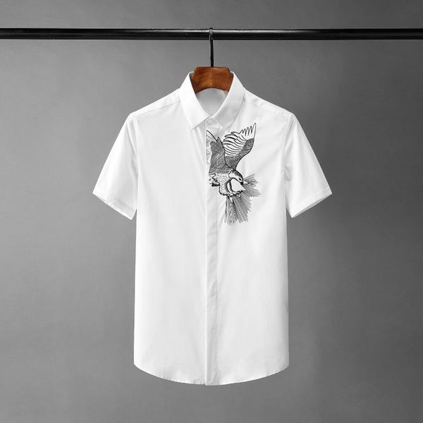 

men's casual shirts eagle embroidered mens luxury short sleeve solid color male shrits plus size 4xl slim fit party man, White;black