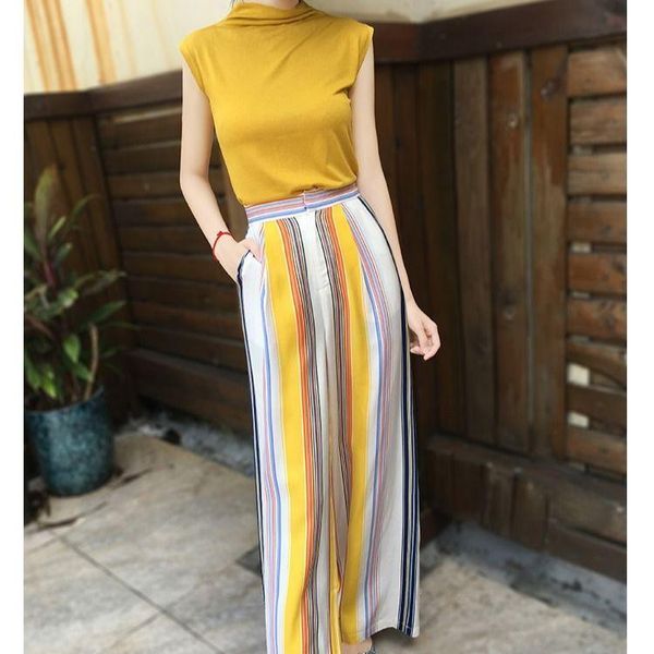 

women 2021 summer new fashion two-piece sets female pullover sleeveless ladies striped printed wide-leg pants suits k21, White