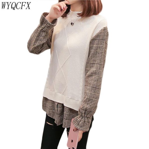 

women's sweaters 2021 spring autumn women casual loose harajuku stitching knit pullover female plaid sleeve korean fake two jumpers, White;black