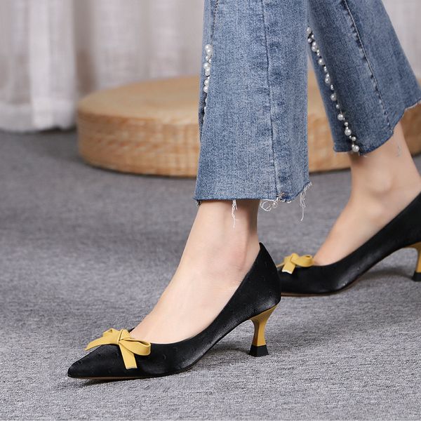 

2021spring fashion bowknot pointed stiletto heel low solid color daily casual high heel fashion womens shoes, Black