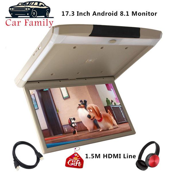 

car video family 17.3 inch android 8.1 roof mount monitor ceiling hd 1080p player ips screen wifi/hdmi/usb/sd/fm/bluetooth