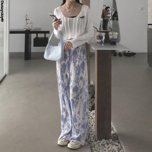 

women's pants & capris casual women plus size 3xl loose wide leg tie-dye pant high street all-match spring autumn fashion straight-leg, Black;white