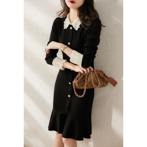 

female fashion dress 2021 new autumn ruffled pearl buckle decoration lapel wool skirt of mesh 4e1z, Black;pink