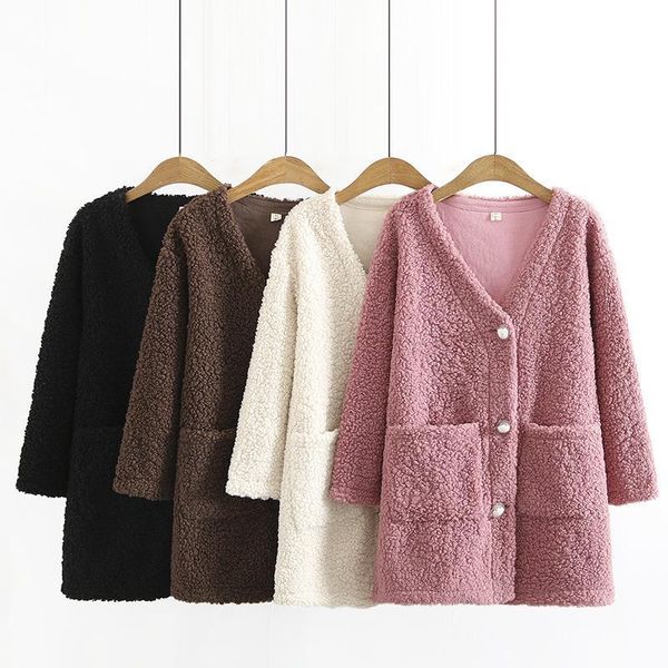 

plus size outerwear & coats autumn winter women jacket size&curve clothing 2021 casual long sleeve pearl button polar fleece coat, Black