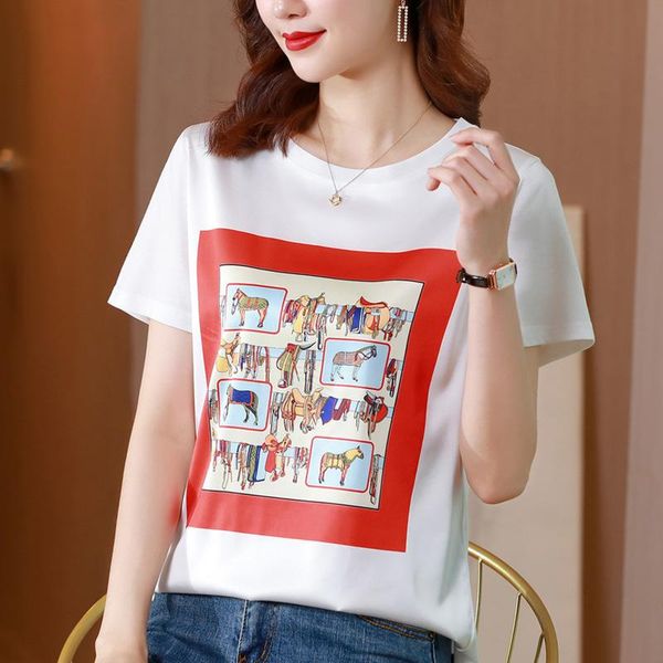 

women's t-shirt 2021summer short sleeve print patchwork satin o-neck plus size, White