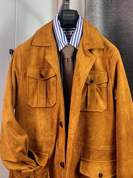 

men's jackets autumn and winter safari jacket retro self-cultivation multi-pocket suede tooling, Black;brown