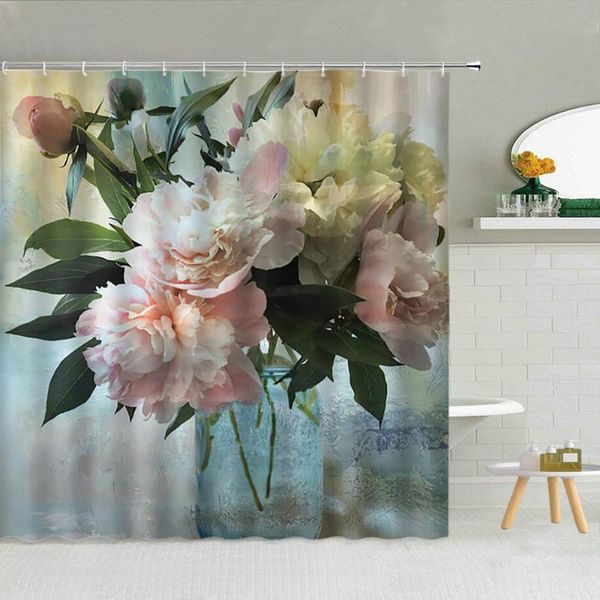 

european vintage flowers green leaves shower curtain peony oil painting bathroom art decor waterproof cloth hooks curtains set