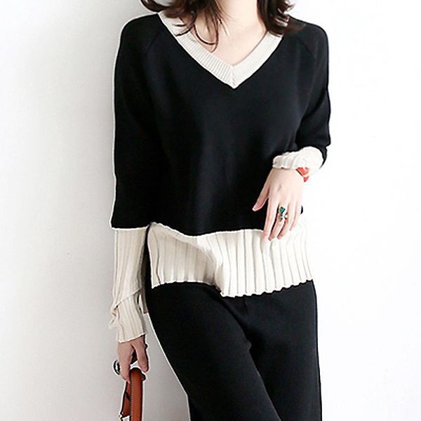 

2021 women autumn winter vintage suits lady spliced sweater + high waist wide leg pant sets female casual loose 2 piece set i224, White