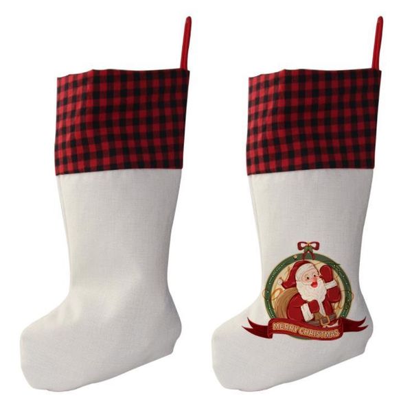 

christmas decorations sublimation plaid stocking linen white candy socks santa gift bag xmas tree oranment festival supplies for kid sn3946