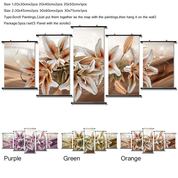 

ready to hang 5pcs/set abstract scroll paintings enlargement flower of orchid art print canvas home decoration