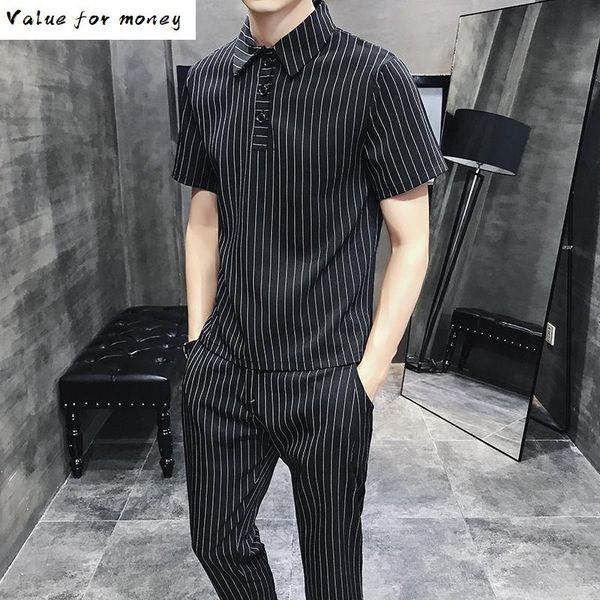

set summer 2021 mens striped business mens clothing 2 pcs set social club black erkek giyim slim fit british ropa de hombre, Gray